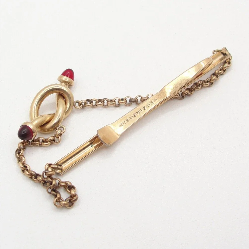Vintage Krementz Gold Overlay Love Knot Tie Chain Clasp Red Ruby Glass Cabochon